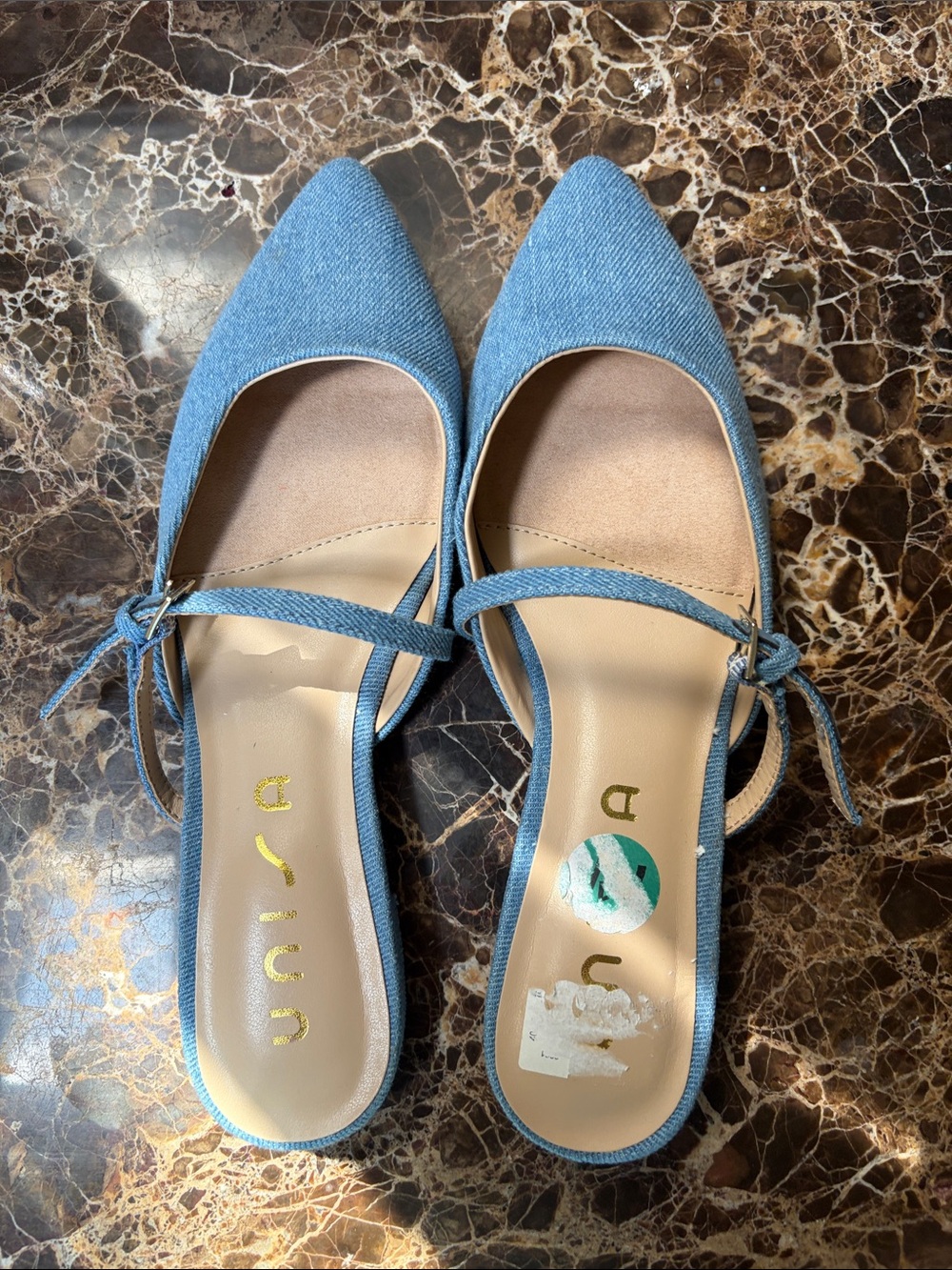 Unisa Light Blue Denim Pointed Mary-Style Slingback Flats. Size 7.5